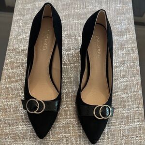 Michael By Michael Shannon Izabella Black Suade Block Heels Shoes with Buckle